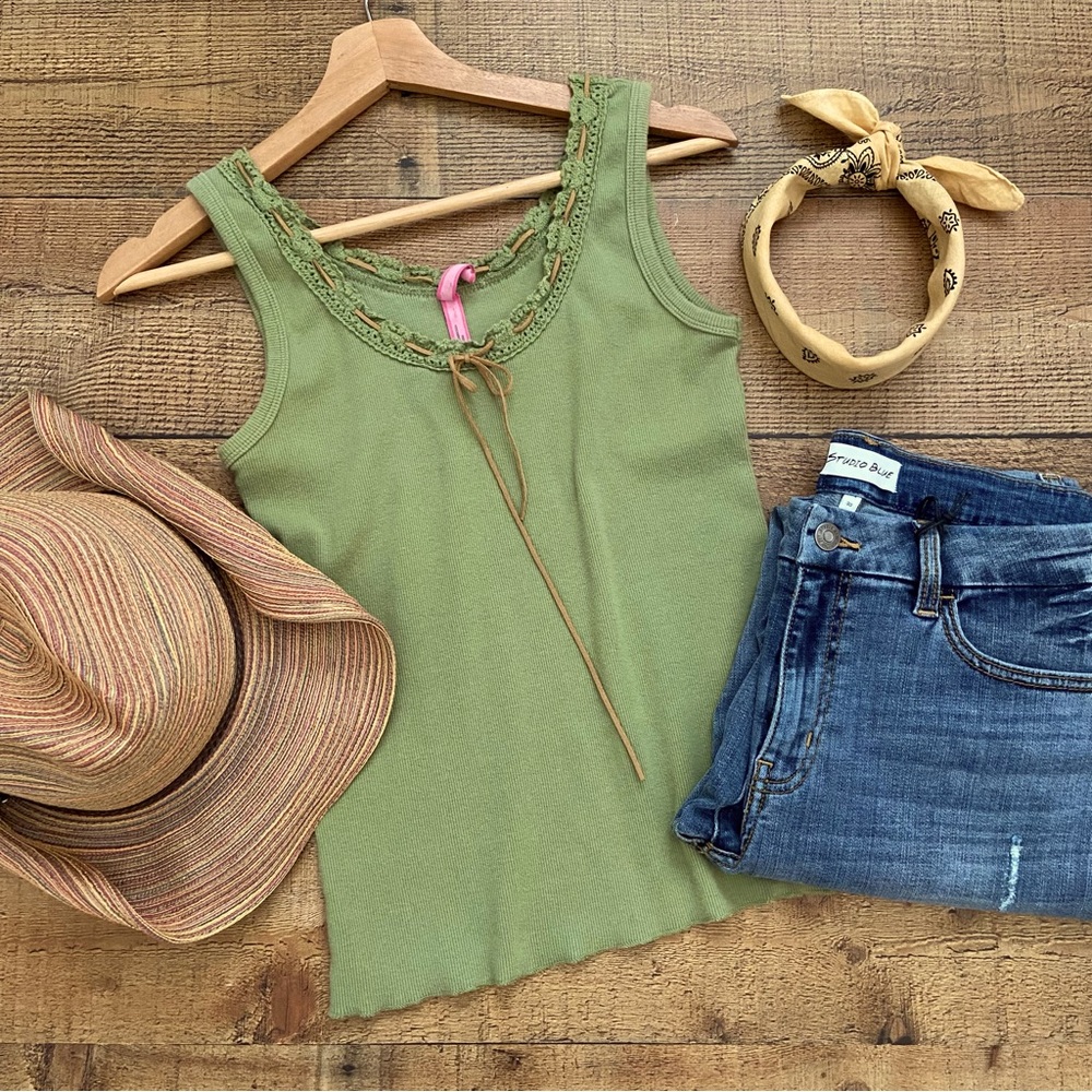 Olive Green Ribbed Tank With Crocheted Neckline, … - image 1